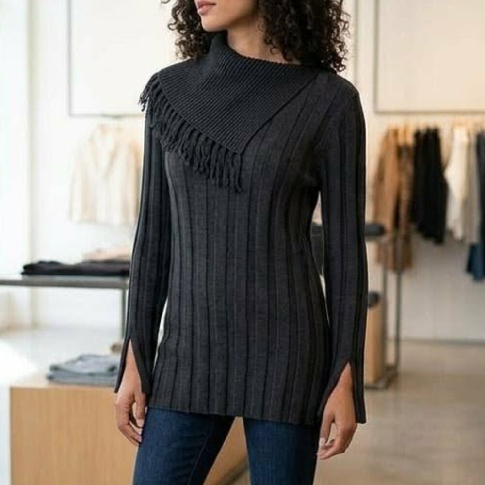 Chaus New York Women's LG Black Ribbed Fringe Cowl Neck Asymmetrical Sweater